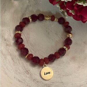 Burgundy Red Crystal Beaded Stretch Bracelet: Gold 'Love' Charm, Handmade